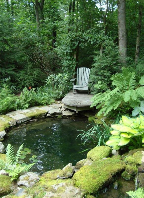 Εικόνες λίμνης κήπου δημιουργικές ιδέες κήπου νερό φυτά κήπου λίμνη ξύλινη καρέκλα