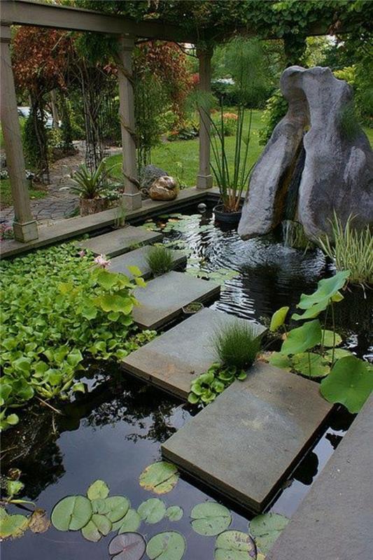 Λίμνες κήπου ιδέες σχεδιασμού κήπου φυτά νερού και φιγούρες από πέτρα