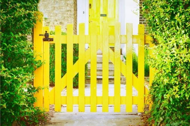 Πόρτα κήπου ξύλο κίτρινο οπτική αντίθεση με πράσινο