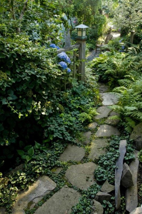 Πέτρινα μονοπάτια κήπου βυθισμένα στο πράσινο Ξύλινο φανάρι Αστική κηπουρική