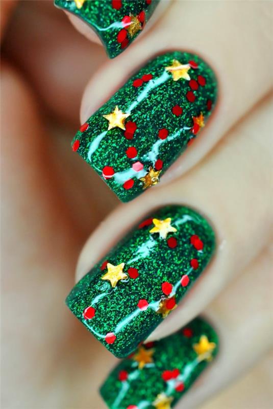 Νύχια τζελ για τα Χριστούγεννα - όμορφες ιδέες και τρέχουσες χρωματικές τάσεις πράσινες αστραφτερές κουκκίδες
