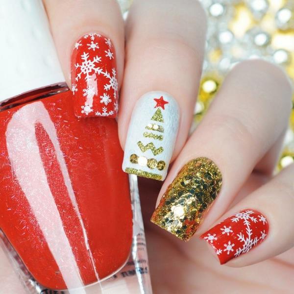 Νύχια τζελ για τα Χριστούγεννα - όμορφες ιδέες και τρέχουσες τάσεις χρώματος κόκκινο λευκό χρυσό glitter