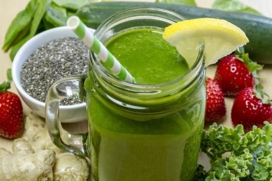 Υγιεινό πράσινο Smoothie Chia Σπόροι Φράουλες Φρούτα Λαχανικά