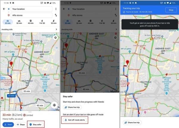 Οι Χάρτες Google σας προειδοποιούν εάν ο οδηγός ταξί σας παρεκκλίνει από τη διαδρομή google πλοήγησης με ταξί παραμείνετε ασφαλέστεροι