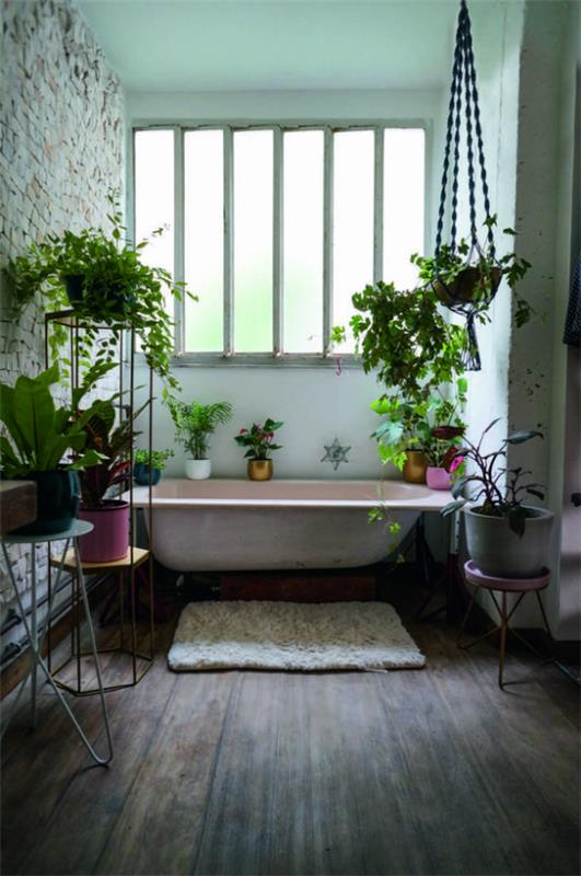 Πράσινο στην μπανιέρα του μπάνιου μπροστά από το παράθυρο Ρουστίκ στυλ μπάνιο πολλά πράσινα φυτά λουλουδιών που κρέμονται καλάθια