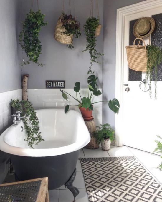 Πράσινο στο μπάνιο γκρι μπάνιο σε ρετρό στυλ ανεξάρτητη μπανιέρα πολλά κρεμαστά φυτά