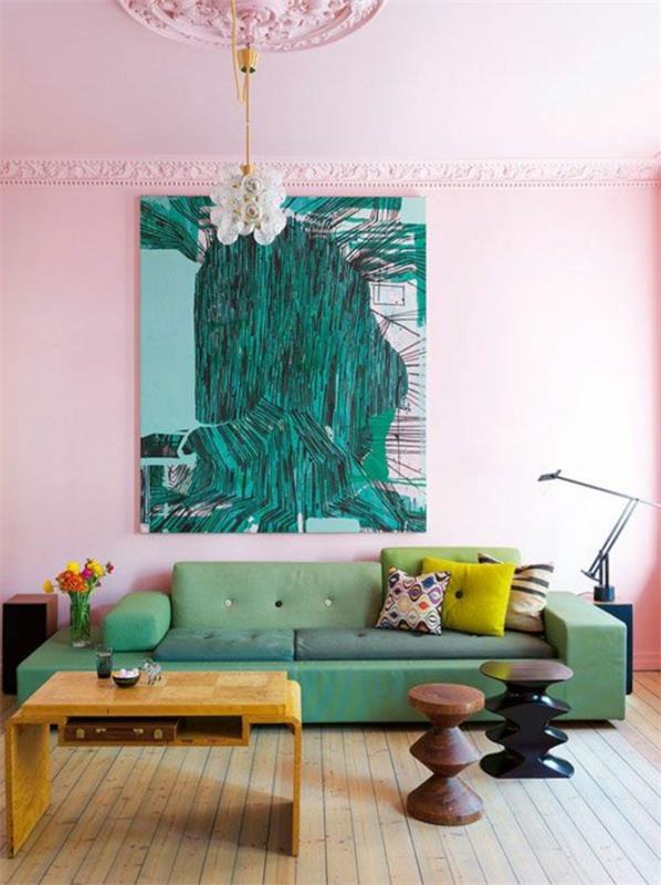 Πράσινα διακοσμητικά καναπέδες ροζ σχεδιασμός τοίχου