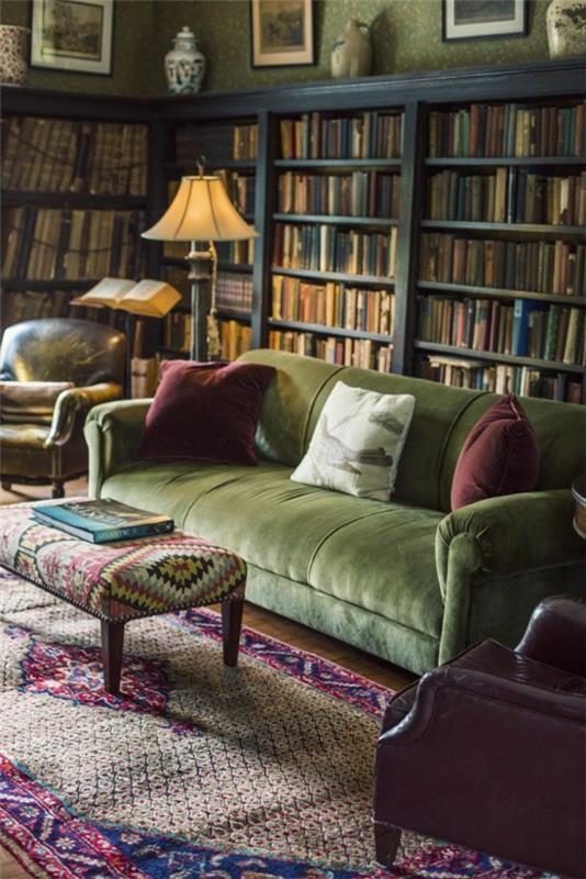 Πράσινες βιβλιοθήκες καναπέδες Σκανδιναβική όραση