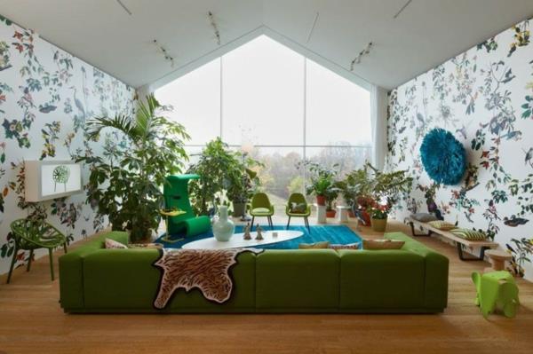Πράσινοι καναπέδες ταπετσαρία μοντέρνος φυσικός τοίχος