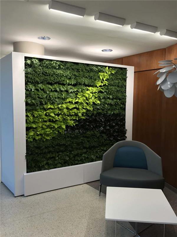 Σχεδιασμός πράσινου τοίχου με άνετο καθιστικό