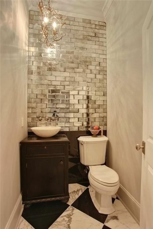 Τουαλέτα επισκεπτών σχεδιασμός πλακάκια τοίχου μπάνιου καθρέφτη επιφάνεια