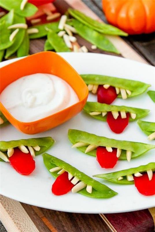 Αποκριάτικα σνακ για τα παιδιά χορταστικά finger food πράσινα φασόλια στόμα
