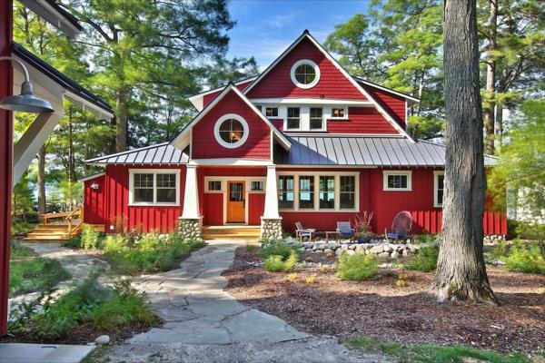 Χρώμα ζωγραφικής σπιτιού κόκκινο χρώμα πρόσοψης σπιτιού