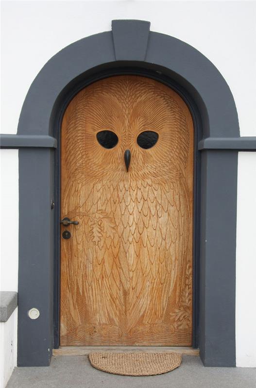Μπροστινές πόρτες ξύλινη κουκουβάγια μοτίβο μοντέρνες μπροστινές πόρτες DIY ιδέες