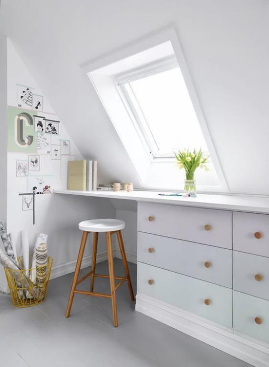 Το γραφείο του σπιτιού στη σοφίτα φαίνεται πολύ καθαρό και φιλόξενο σε λευκό χρώμα