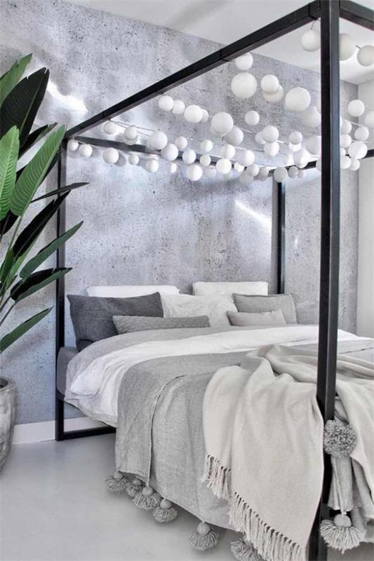 Υπνοδωμάτιο τεσσάρων αφισών σε γκρι λευκό όμορφο σχέδιο μεγάλο πράσινο φυτό πομ πομ