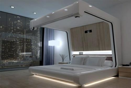 Υπερσύγχρονο χτιστό ξύλινο κρεβάτι με ουρανό στο υπνοδωμάτιο
