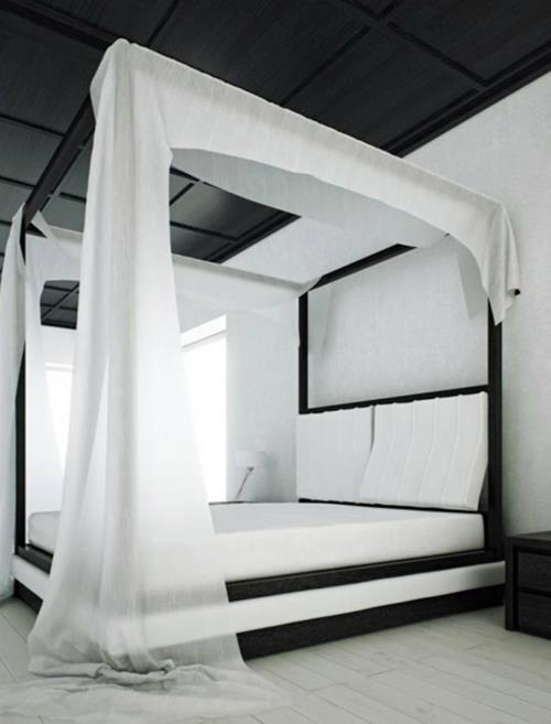 Ξύλινα τέσσερα κρεβάτια με αφίσες στο υπνοδωμάτιο μαύρο λευκό