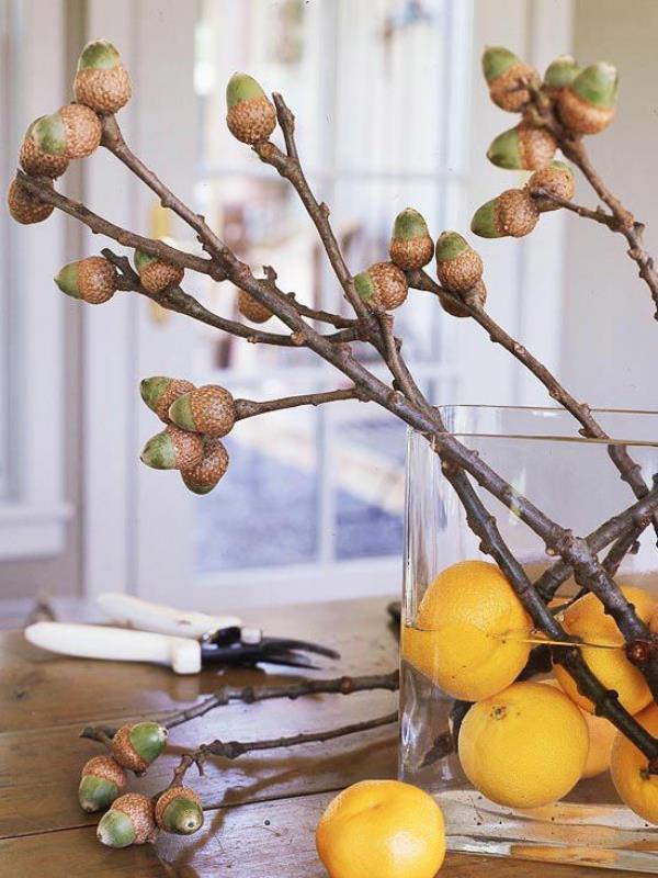 Αξιολάτρευτες φθινοπωρινές ιδέες διακόσμησης βάζο από γυαλί στο τραπέζι της τραπεζαρίας, διατεταγμένο σε κλαδιά λεμονιών, νερού και βελανιδιάς