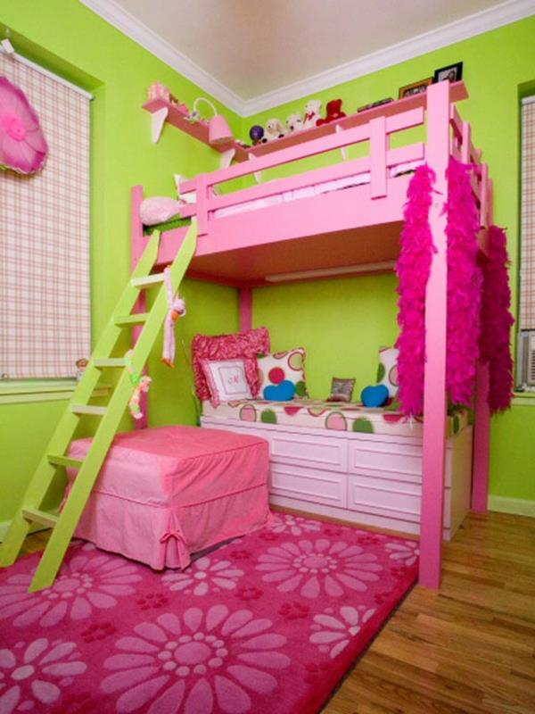 Κρεβάτι πατάρι παιδικό δωμάτιο ροζ πράσινα χρώματα