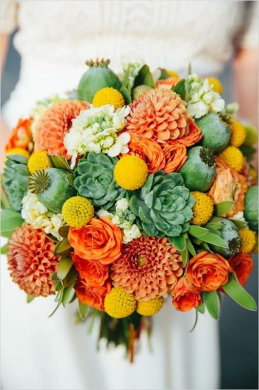Γαμήλια λουλούδια δροσερά νυφικά μπουκέτα πορτοκαλί κόκκινο