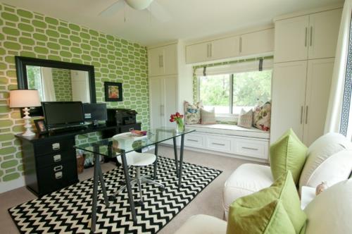 Σπίτι γραφείο πολυθρόνα πολυθρόνα πράσινο τοίχο σχέδιο χαλί μαύρο λευκό