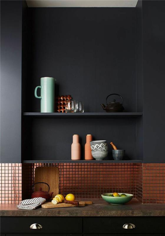 Ιδέες για δημιουργικό σχεδιασμό τοίχων Βαφή τοίχου κουζίνας σε μαύρα ράφια