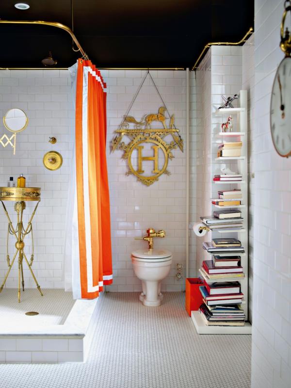 Καινοτόμες ιδέες επίπλωσης μπάνιου ντους με πορτοκαλί κουρτίνες