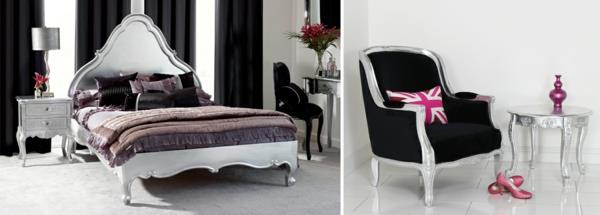 Εσωτερικός σχεδιασμός σε γαλλικό στυλ διπλό κρεβάτι κεφαλάρι ψηλή πολυθρόνα δίπλα στο τραπέζι