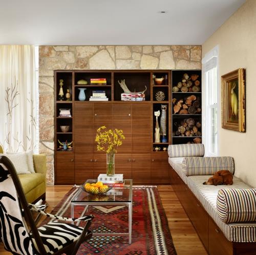 Εσωτερικά σχέδια με δροσερά διακοσμητικά ράφια ντουλάπι ξύλινο πέτρινο τοίχο