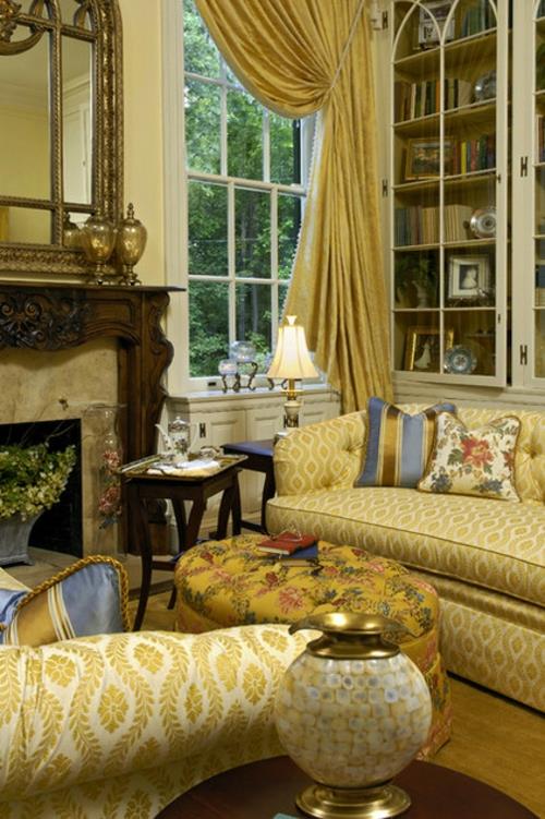 Εσωτερικά σχέδια με δροσερή διακόσμηση καναπέ κίτρινα κουρτίνες ράφια