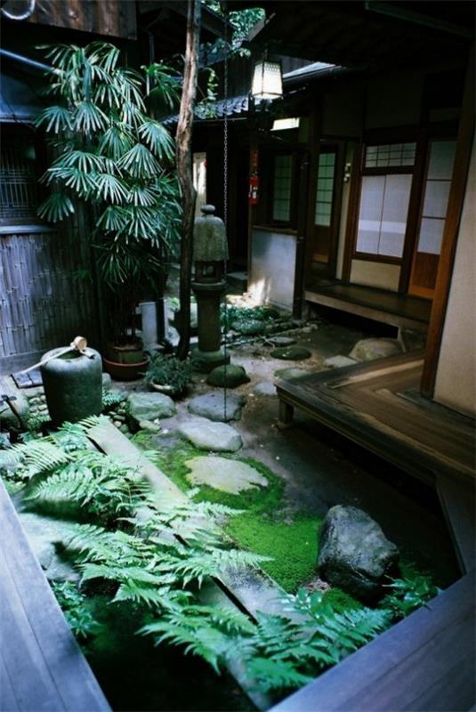 Ιαπωνική αυλή παλέτα χρωμάτων κήπου πράσινη πηγή βρύα βρύα φτέρη