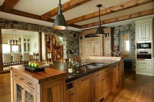 Η κουζίνα σχεδιάζει ξύλινο δάπεδο σχεδιασμένο από φυσική πέτρα