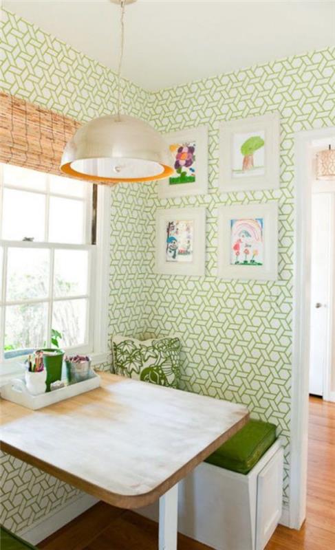 Ιδέες σχεδιασμού κουζίνας πράσινη ταπετσαρία τοίχου με πράσινη επένδυση του πάγκου