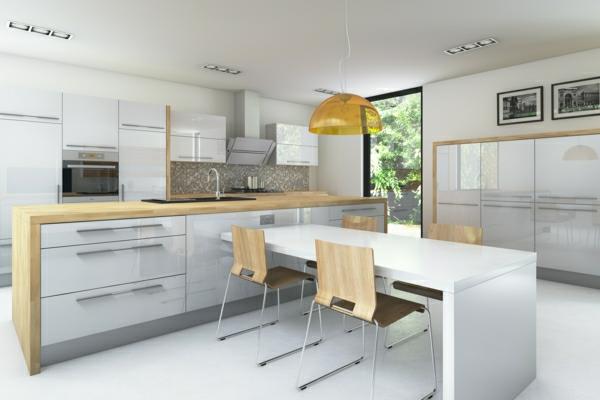 Σχεδιασμός κουζίνας ενσωματωμένη τραπεζαρία κουζίνας με γυαλιστερά λευκά μέτωπα