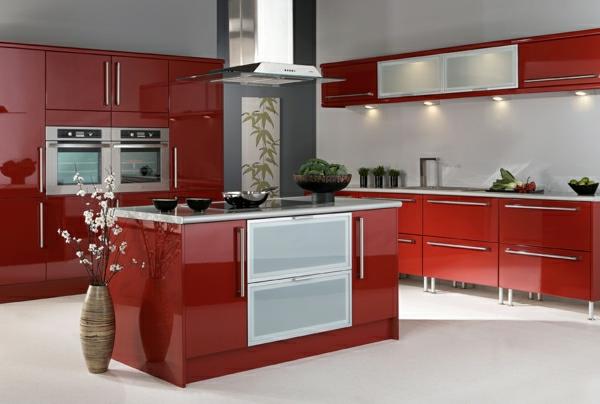 Σχεδιασμός κουζίνας ενσωματωμένες κουζίνες υψηλής γυαλάδας κόκκινα ανοιξιάτικα κλαδιά