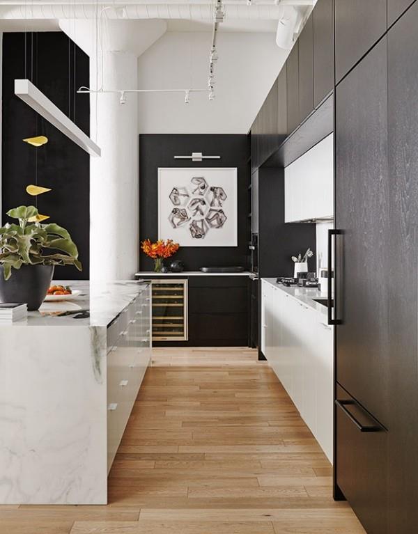 Σχεδιασμός κουζίνας σε σκούρα χρώματα ασπρόμαυρο κλασικό χρώμα δίδυμο μοντέρνα εμφάνιση