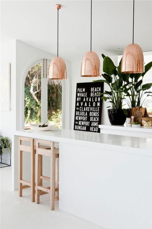 ιδέες σχεδιασμού κουζίνας κουζίνα νησί λευκό κρεμαστό φώτα χάλκινο χρώμα