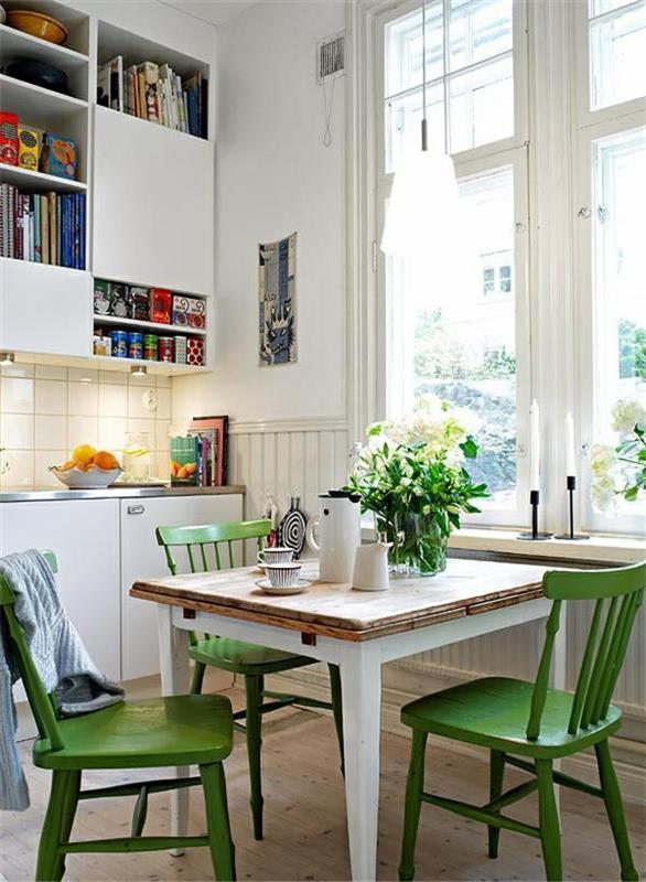 Καρέκλες τραπεζιού κουζίνας βαμμένες πράσινες καρέκλες λουλούδια βάζο