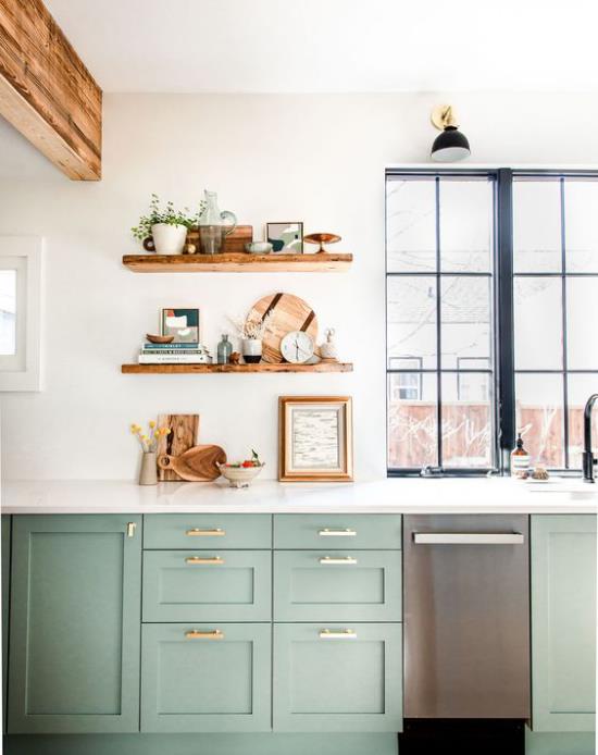 Κουζίνα απλή κουζίνα σχεδιασμός ντουλάπια φωτεινό χώρο βάσης σε παστέλ πράσινο