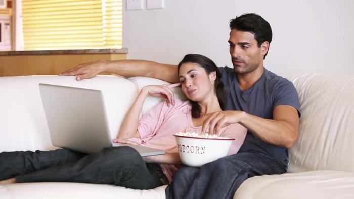 Δεν υπάρχει μακροπρόθεσμη σχέση ζώδιο ένα ερωτευμένο νεαρό ζευγάρι ισορροπημένο στον καναπέ στο σπίτι φορητό υπολογιστή ικανοποιημένο