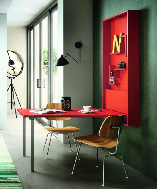 Έξυπνες ιδέες για πτυσσόμενο τραπέζι για πτυσσόμενα έπιπλα για εξοικονόμηση χώρου, εντυπωσιακά βαμμένα με κόκκινο χρώμα