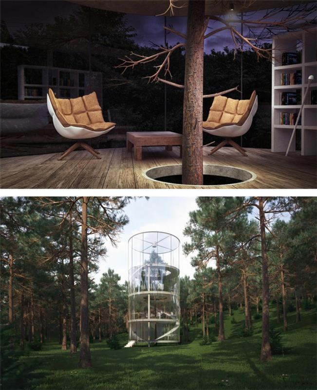 Κλασική μοντέρνα αρχιτεκτονική γύρω από έναν κήπο με δέντρα