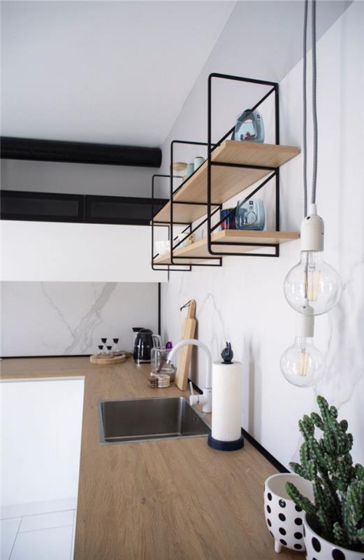 Μικρό διαμέρισμα με κουζίνα σε σχήμα L, μινιμαλιστικά σχεδιασμένοι λευκοί τοίχοι, ανοιχτά ράφια, ξύλινοι πάγκοι, βυθίζουν κάκτους σε γλάστρα