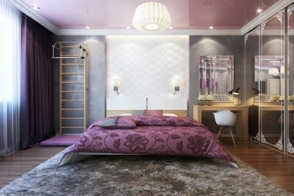 Μικρό υπνοδωμάτιο μοντέρνο μοβ λουλουδάτο κρεβάτι