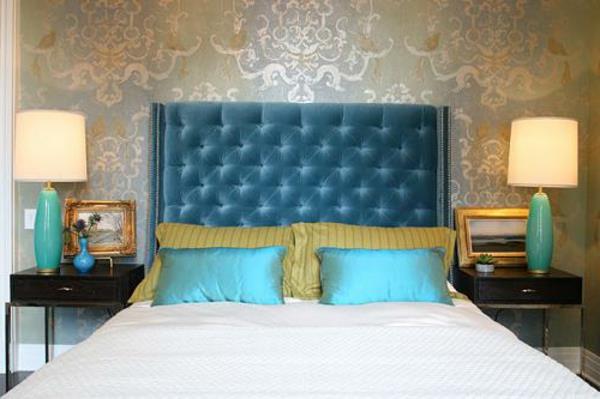 Κεφαλάρια που περιλαμβάνουν κρεβάτια βελούδινο τιρκουάζ σκούρο μπλε υπνοδωμάτιο