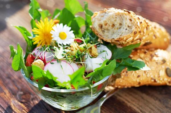 Μαγειρική εφαρμογή πικραλίδα ανοιξιάτικη σαλάτα με φύλλα πικραλίδα ραπανάκια ντομάτες βρώσιμα λουλούδια