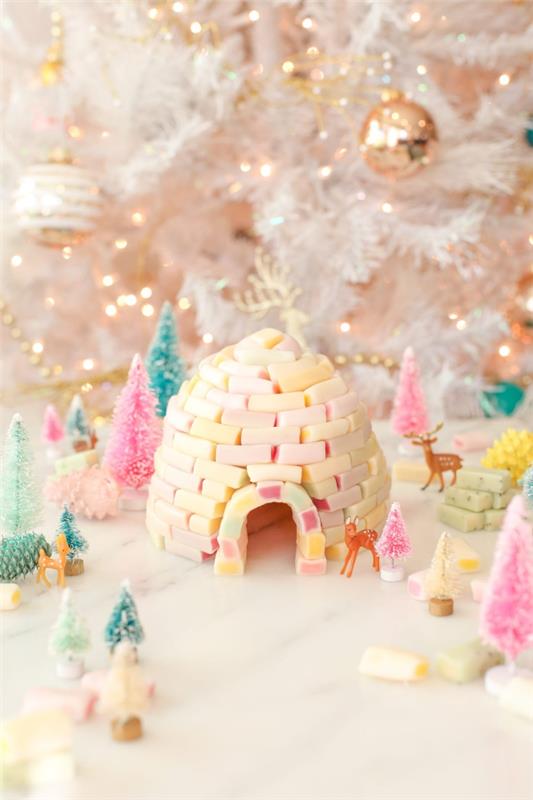 Tinker μελόψωμο σπίτι για τα Χριστούγεννα - εορταστικές ιδέες, συνταγή και οδηγίες φρούτα τσίχλα marshmallow ιγκλού