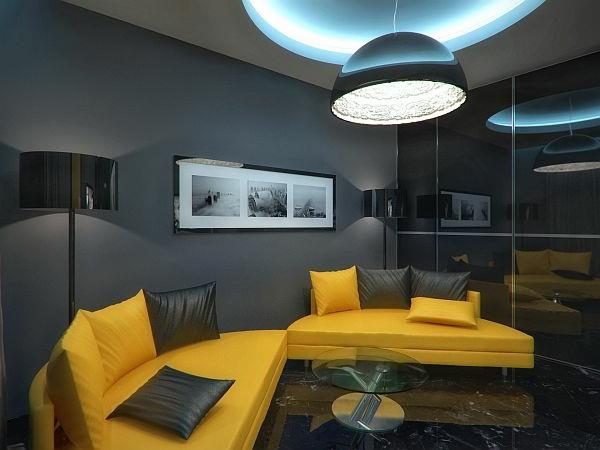 Πολυτελές διαμέρισμα σε κίτρινο και μαύρο σαλόνι με κίτρινα μαύρα μαξιλάρια