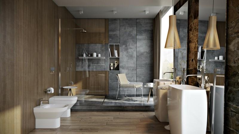 Πολυτελές ξύλινο πάτωμα μοντέρνα έπιπλα μπάνιου ντους από τσιμεντένιο τοίχο